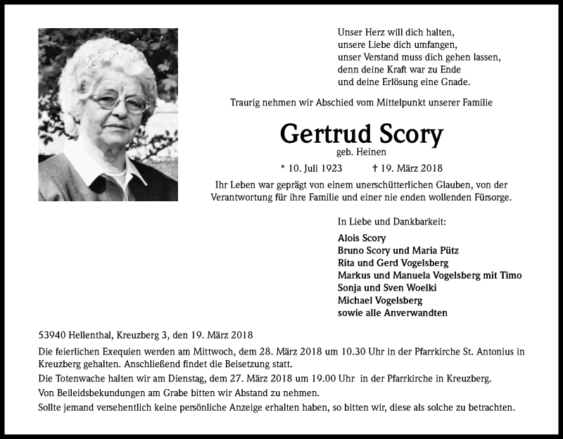 Traueranzeige für Gertrud Scory vom 24.03.2018 aus Kölner Stadt-Anzeiger / Kölnische Rundschau / Express