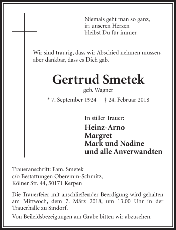 Anzeige von Gertrud Smetek von  Sonntags-Post 