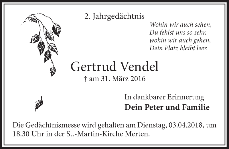  Traueranzeige für Gertrud Vendel vom 28.03.2018 aus  Schlossbote/Werbekurier 