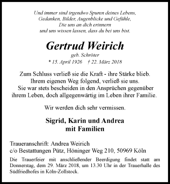 Anzeige von Gertrud Weirich von  Kölner Wochenspiegel 