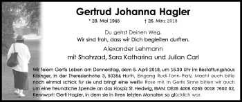 Anzeige von Gertrud Johanna Hagler von Kölner Stadt-Anzeiger / Kölnische Rundschau / Express