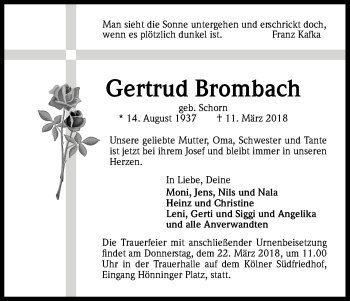 Anzeige von Getrud Brombach von Kölner Stadt-Anzeiger / Kölnische Rundschau / Express