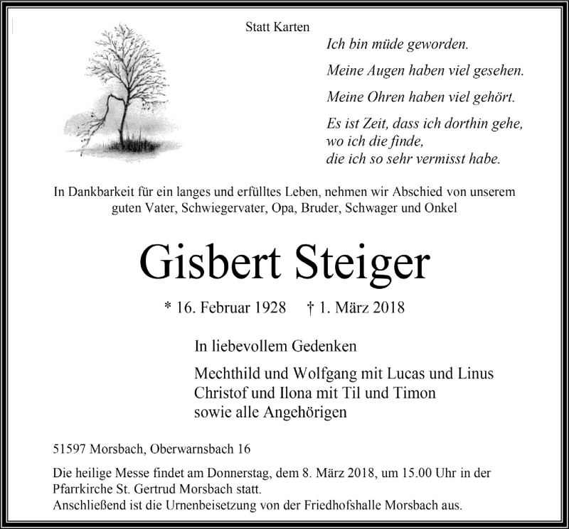 Traueranzeige für Gisbert Steiger vom 07.03.2018 aus  Lokalanzeiger 