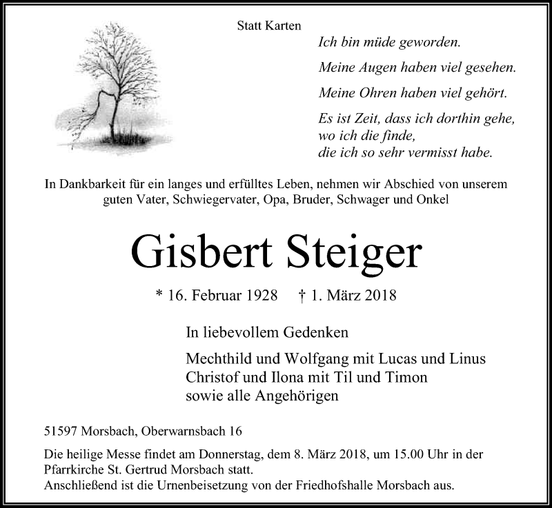  Traueranzeige für Gisbert Steiger vom 05.03.2018 aus Kölner Stadt-Anzeiger / Kölnische Rundschau / Express