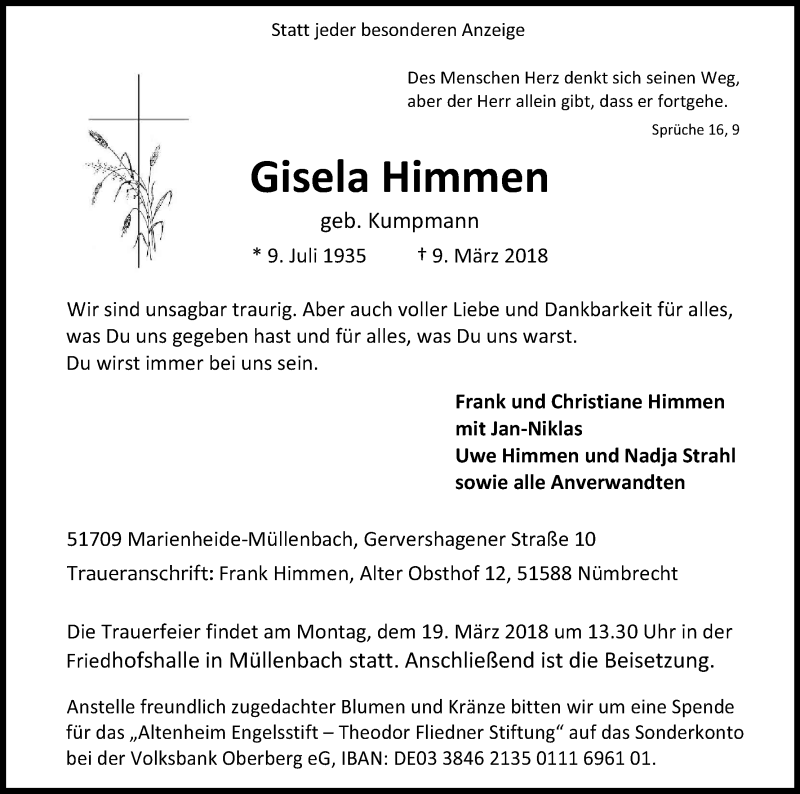  Traueranzeige für Gisela Himmen vom 15.03.2018 aus Kölner Stadt-Anzeiger / Kölnische Rundschau / Express