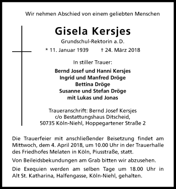 Anzeige von Gisela Kersjes von Kölner Stadt-Anzeiger / Kölnische Rundschau / Express
