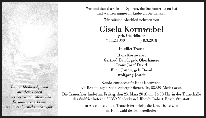  Traueranzeige für Gisela Kornwebel vom 14.03.2018 aus  Kölner Wochenspiegel 