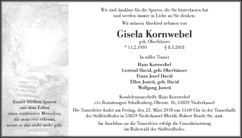Anzeige von Gisela Kornwebel von  Kölner Wochenspiegel 