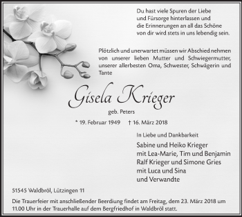Anzeige von Gisela Krieger von  Lokalanzeiger 