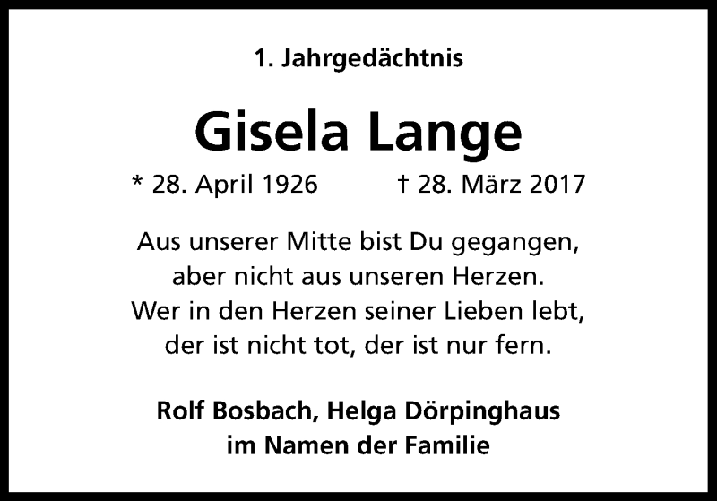  Traueranzeige für Gisela Lange vom 29.03.2018 aus Kölner Stadt-Anzeiger / Kölnische Rundschau / Express