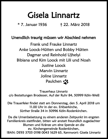 Anzeige von Gisela Linnartz von Kölner Stadt-Anzeiger / Kölnische Rundschau / Express