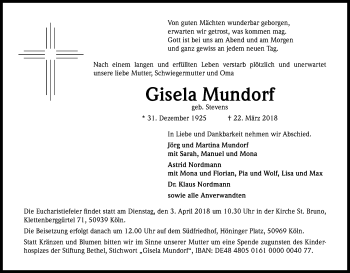 Anzeige von Gisela Mundorf von Kölner Stadt-Anzeiger / Kölnische Rundschau / Express