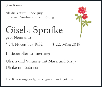 Anzeige von Gisela Sprafke von Kölner Stadt-Anzeiger / Kölnische Rundschau / Express