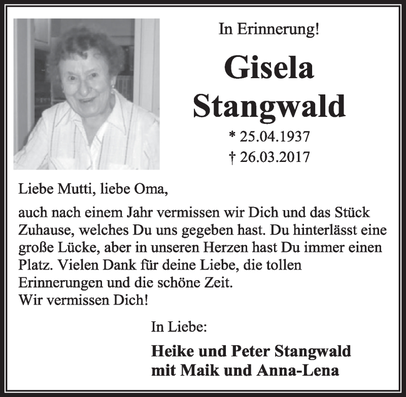  Traueranzeige für Gisela Stangwald vom 24.03.2018 aus  Sonntags-Post 