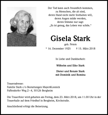 Anzeige von Gisela Stark von Kölner Stadt-Anzeiger / Kölnische Rundschau / Express