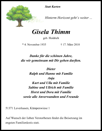 Anzeige von Gisela Thimm von Kölner Stadt-Anzeiger / Kölnische Rundschau / Express