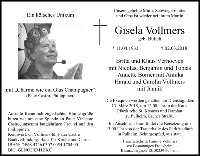  Traueranzeige für Gisela Vollmers vom 10.03.2018 aus Kölner Stadt-Anzeiger / Kölnische Rundschau / Express
