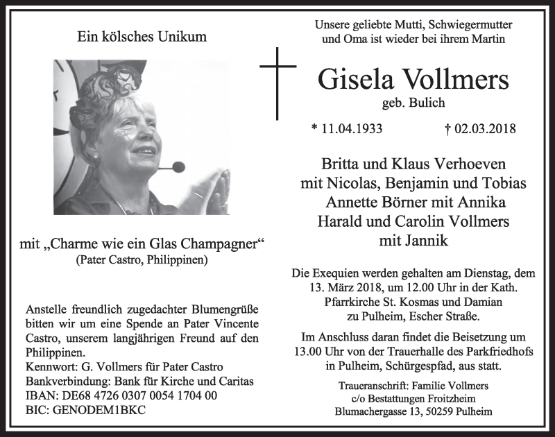  Traueranzeige für Gisela Vollmers vom 10.03.2018 aus  Sonntags-Post 