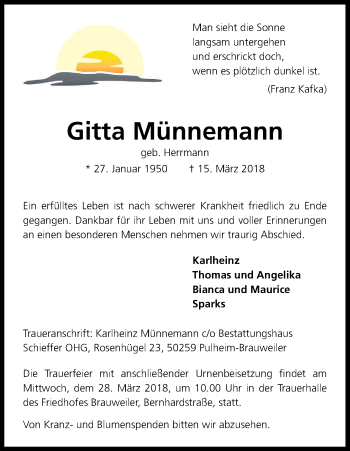 Anzeige von Gitta Münnemann von Kölner Stadt-Anzeiger / Kölnische Rundschau / Express