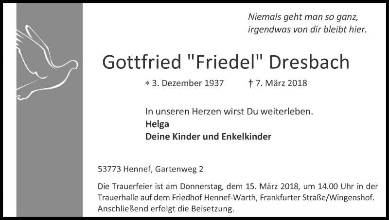  Traueranzeige für Gottfried  Dresbach vom 12.03.2018 aus Kölner Stadt-Anzeiger / Kölnische Rundschau / Express