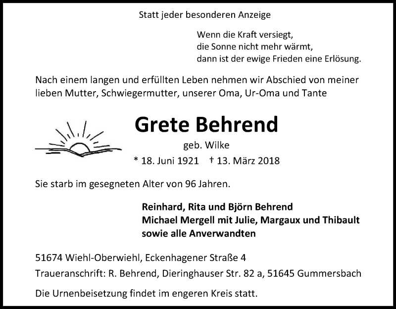 Traueranzeige für Grete Behrend vom 17.03.2018 aus Kölner Stadt-Anzeiger / Kölnische Rundschau / Express