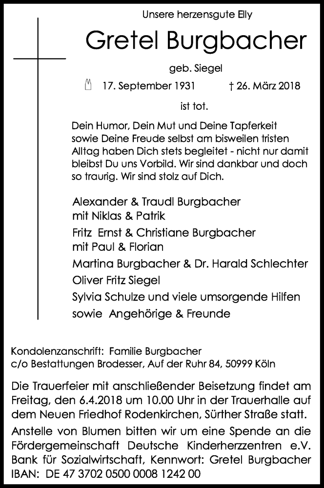  Traueranzeige für Gretel Burgbacher vom 31.03.2018 aus Kölner Stadt-Anzeiger / Kölnische Rundschau / Express