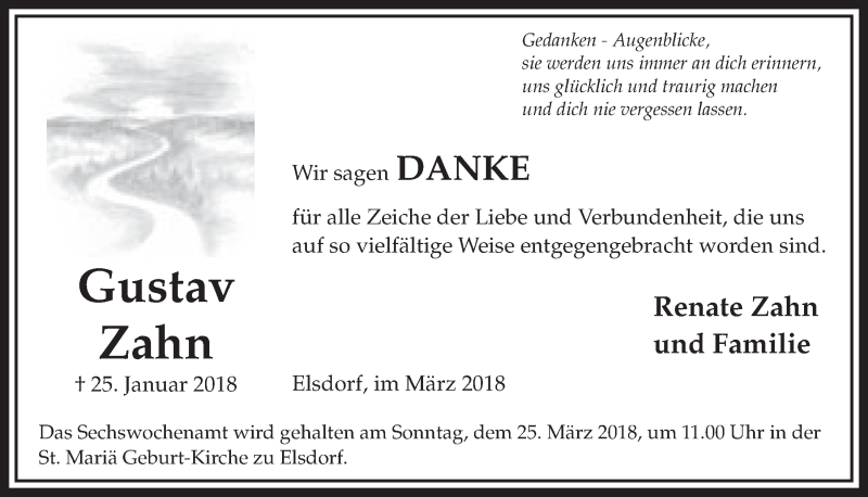  Traueranzeige für Gustav Zahn vom 17.03.2018 aus  Sonntags-Post 