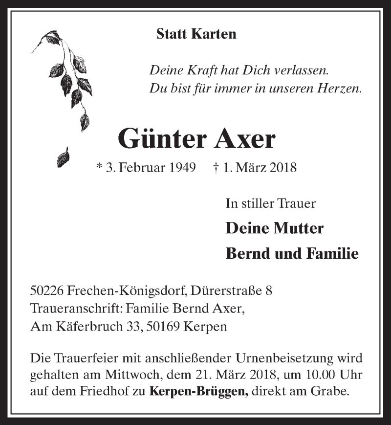  Traueranzeige für Günter Axer vom 14.03.2018 aus  Wochenende 
