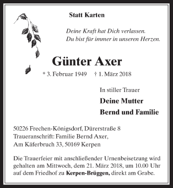 Anzeige von Günter Axer von  Wochenende 