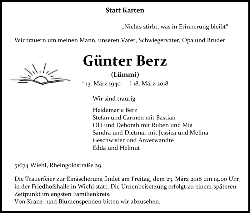  Traueranzeige für Günter Berz vom 21.03.2018 aus Kölner Stadt-Anzeiger / Kölnische Rundschau / Express
