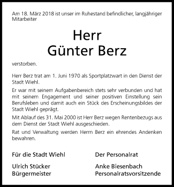 Anzeige von Günter Berz von Kölner Stadt-Anzeiger / Kölnische Rundschau / Express