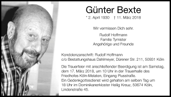 Anzeige von Günter Bexte von Kölner Stadt-Anzeiger / Kölnische Rundschau / Express