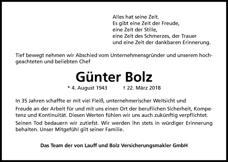  Traueranzeige für Günter Bolz vom 24.03.2018 aus Kölner Stadt-Anzeiger / Kölnische Rundschau / Express