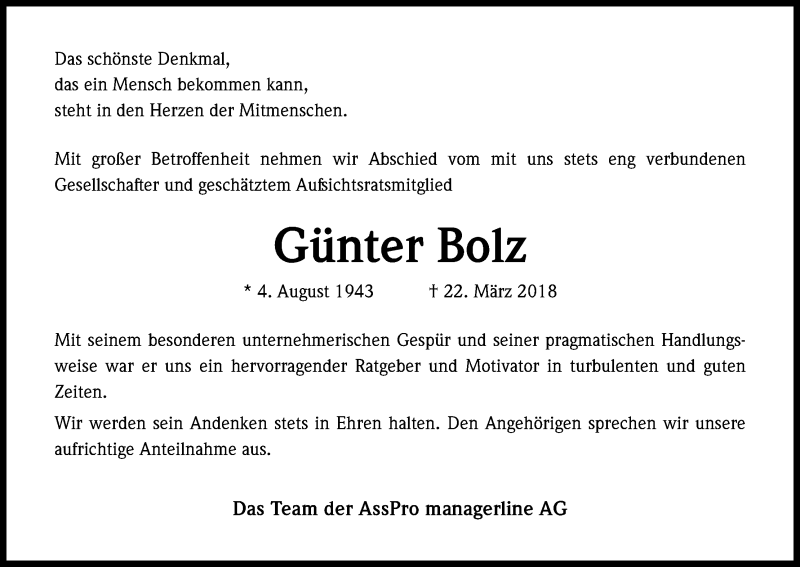  Traueranzeige für Günter Bolz vom 24.03.2018 aus Kölner Stadt-Anzeiger / Kölnische Rundschau / Express