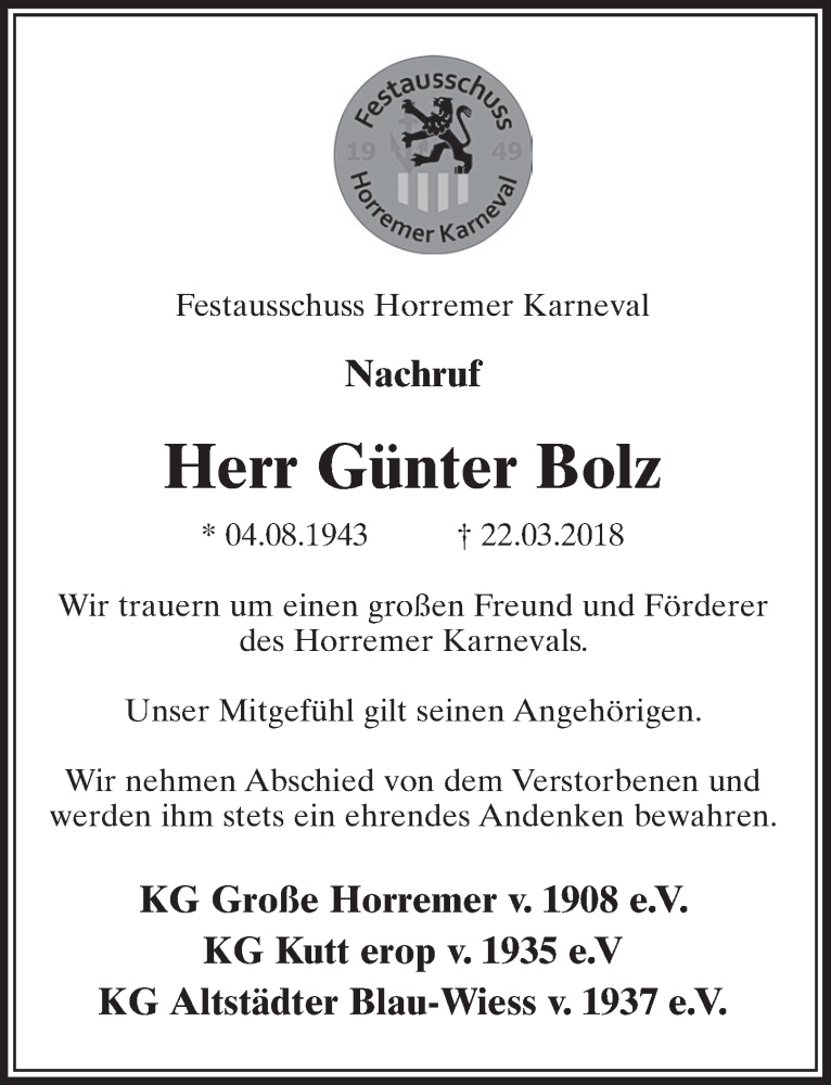  Traueranzeige für Günter Bolz vom 31.03.2018 aus  Sonntags-Post 