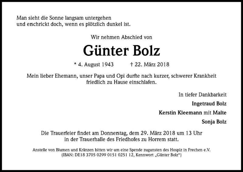  Traueranzeige für Günter Bolz vom 24.03.2018 aus Kölner Stadt-Anzeiger / Kölnische Rundschau / Express