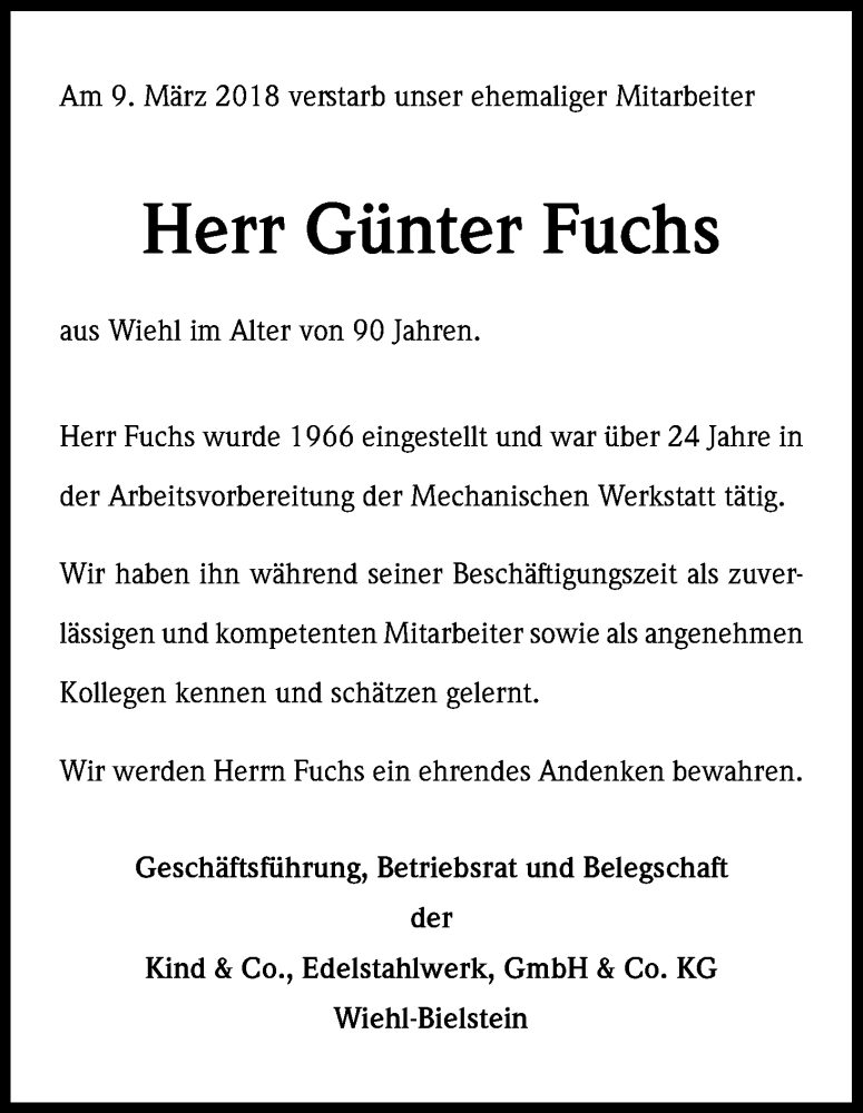  Traueranzeige für Günter Fuchs vom 17.03.2018 aus Kölner Stadt-Anzeiger / Kölnische Rundschau / Express