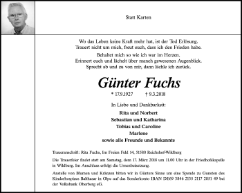 Anzeige von Günter Fuchs von  Anzeigen Echo  Lokalanzeiger 