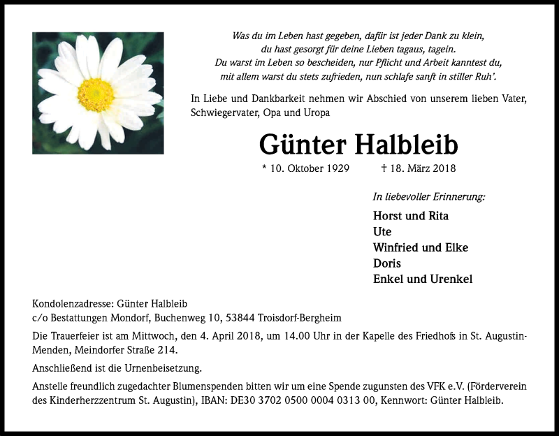  Traueranzeige für Günter Halbleib vom 24.03.2018 aus Kölner Stadt-Anzeiger / Kölnische Rundschau / Express