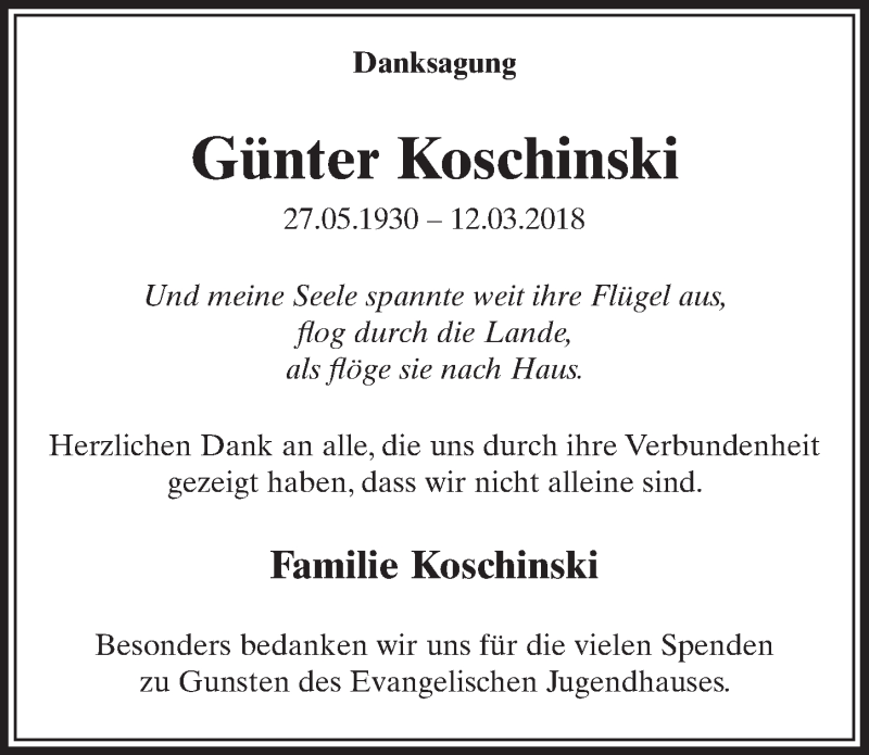  Traueranzeige für Günter Koschinski vom 31.03.2018 aus  Sonntags-Post 