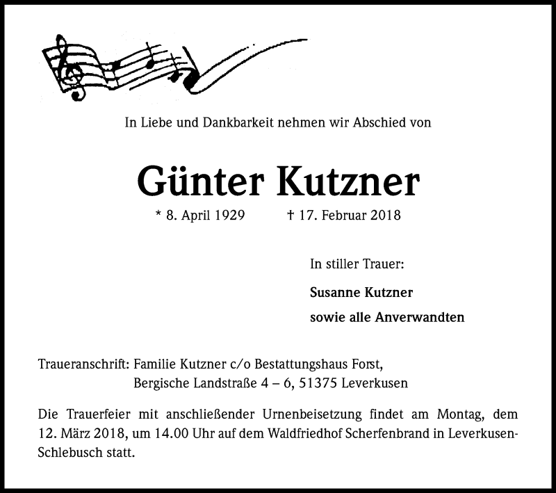  Traueranzeige für Günter Kutzner vom 10.03.2018 aus Kölner Stadt-Anzeiger / Kölnische Rundschau / Express