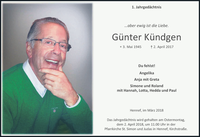  Traueranzeige für Günter Kündgen vom 31.03.2018 aus Kölner Stadt-Anzeiger / Kölnische Rundschau / Express