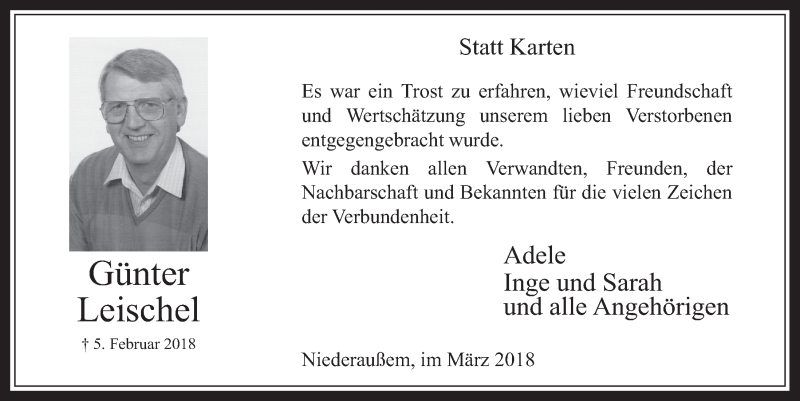  Traueranzeige für Günter Leischel vom 21.03.2018 aus  Werbepost 