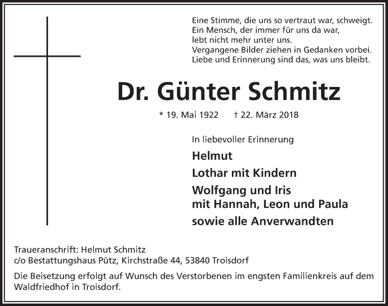  Traueranzeige für Günter Schmitz vom 28.03.2018 aus  Schlossbote/Werbekurier 