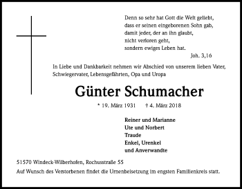 Anzeige von Günter Schumacher von Kölner Stadt-Anzeiger / Kölnische Rundschau / Express