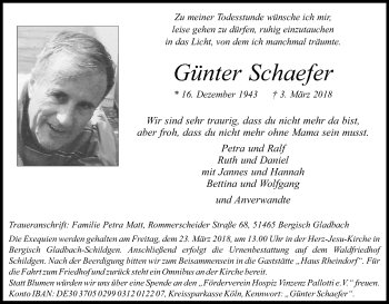 Anzeige von Günter Schäfer von Kölner Stadt-Anzeiger / Kölnische Rundschau / Express
