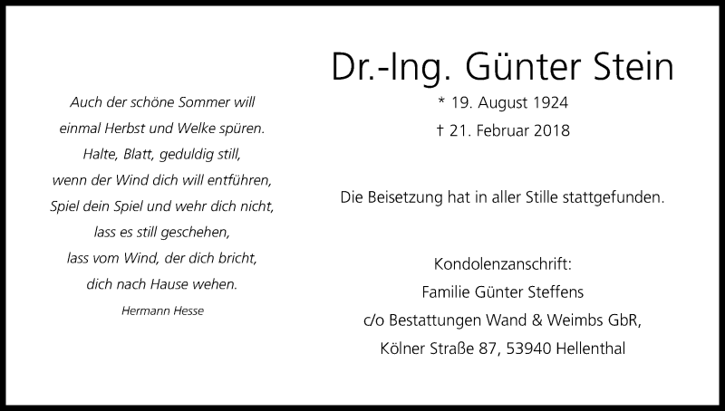  Traueranzeige für Günter Stein vom 03.03.2018 aus Kölner Stadt-Anzeiger / Kölnische Rundschau / Express