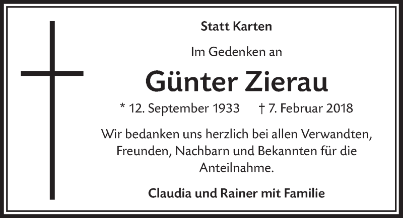  Traueranzeige für Günter Zierau vom 21.03.2018 aus  Anzeigen Echo 