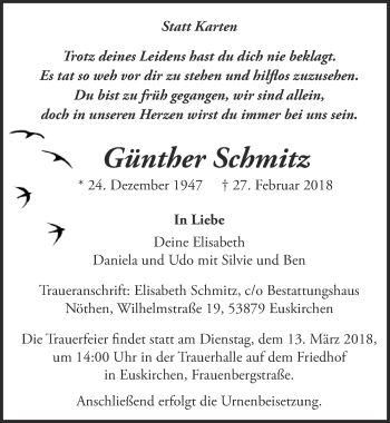 Anzeige von Günther Schmitz von  Blickpunkt Euskirchen 