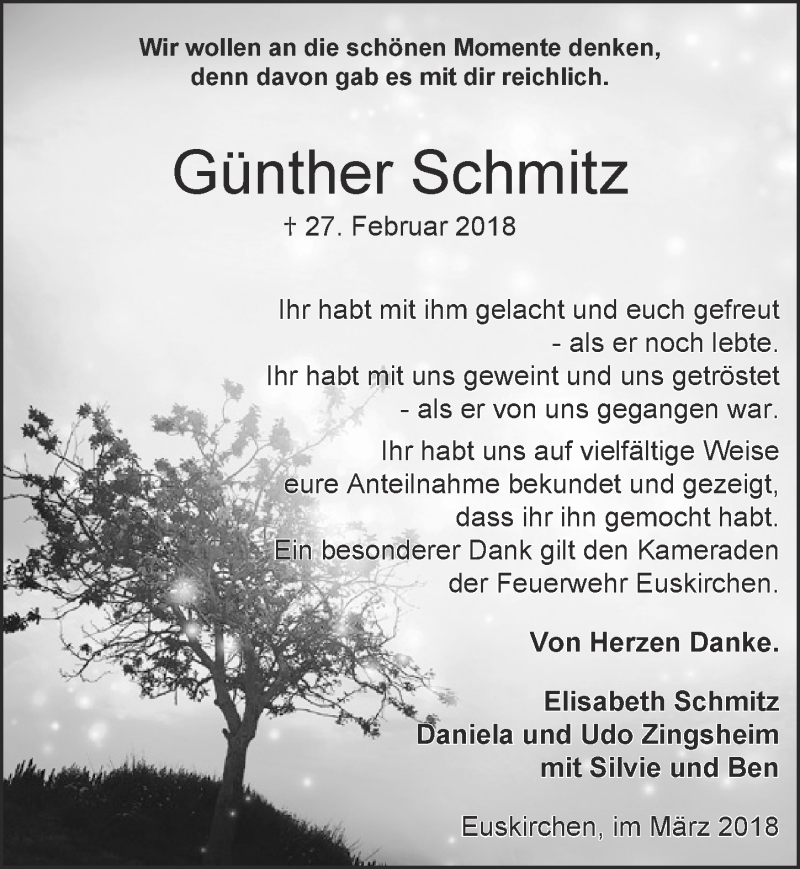  Traueranzeige für Günther Schmitz vom 31.03.2018 aus  Blickpunkt Euskirchen 